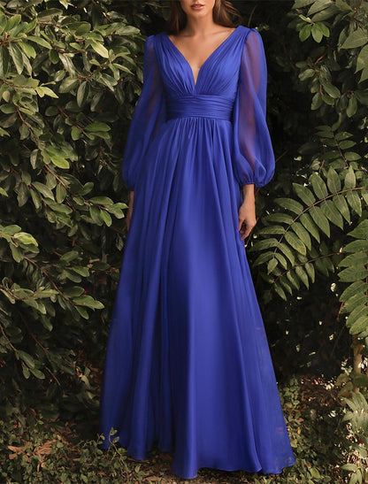 A-Line Bridesmaid Dress V Neck Long Sleeve Blue Floor Length Chiffon with Ruching / Solid Color