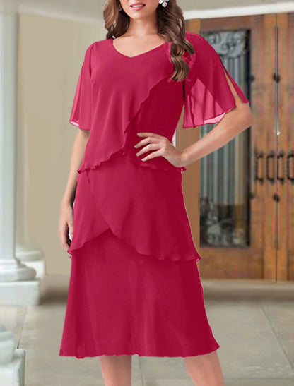 A-Line Mother of the Bride Dress Wedding Guest Plus Size Elegant V Neck Tea Length Chiffon Short Sleeve with Ruffles Fall