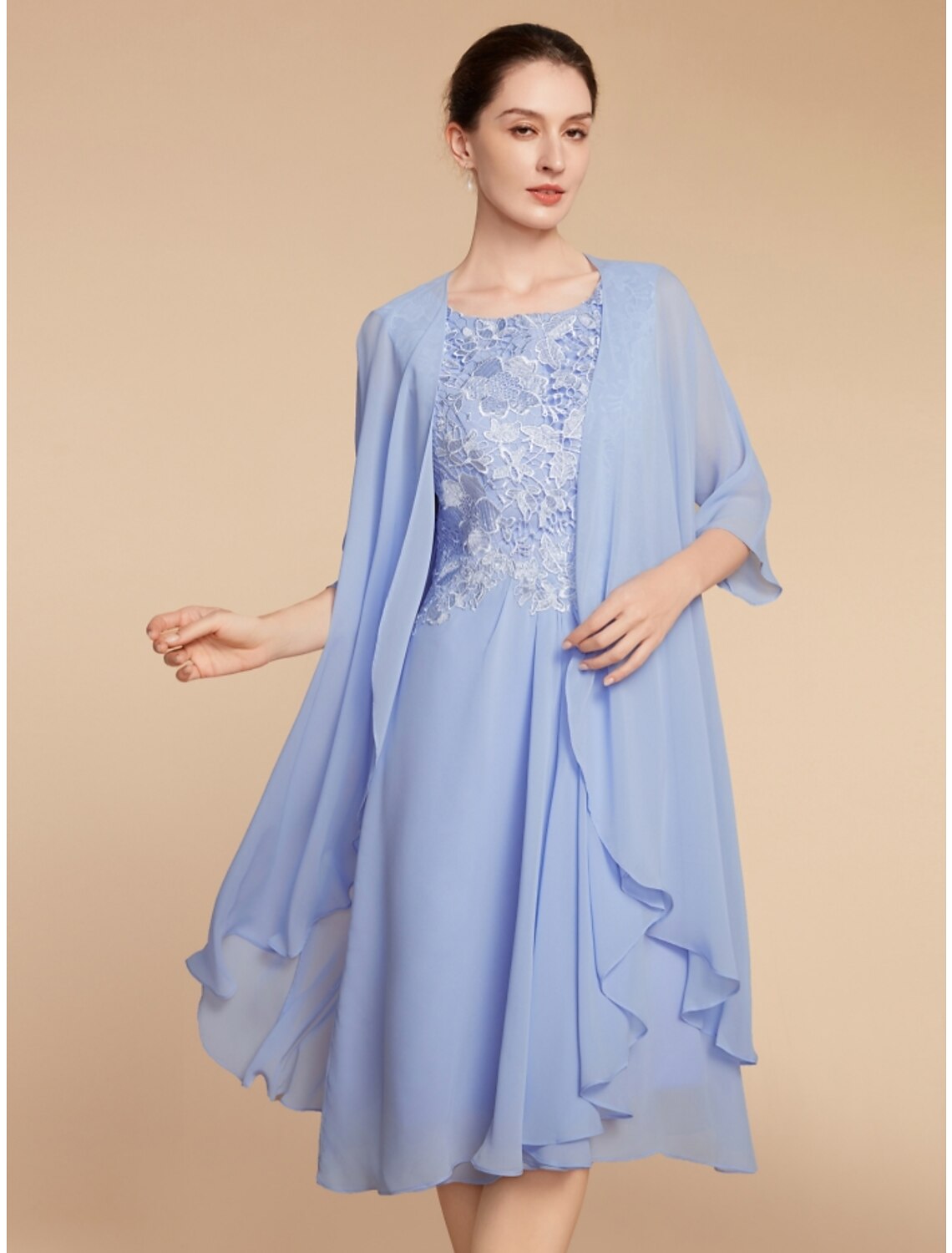 Two Piece Sheath / Column Mother of the Bride Dress Wedding Guest Elegant Petite Scoop Neck Knee Length Chiffon Lace Half Sleeve with Ruching Solid Color