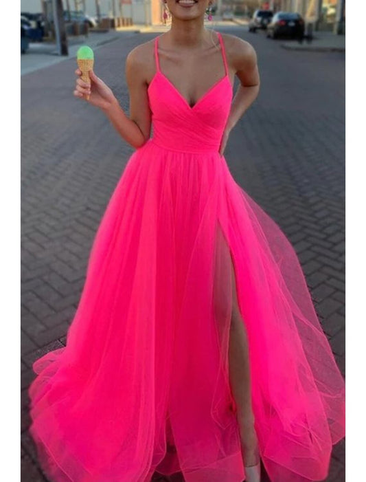 A-Line Prom Dresses Sexy Dress Wedding Party Birthday Court Train Sleeveless Spaghetti Strap Organza with Slit