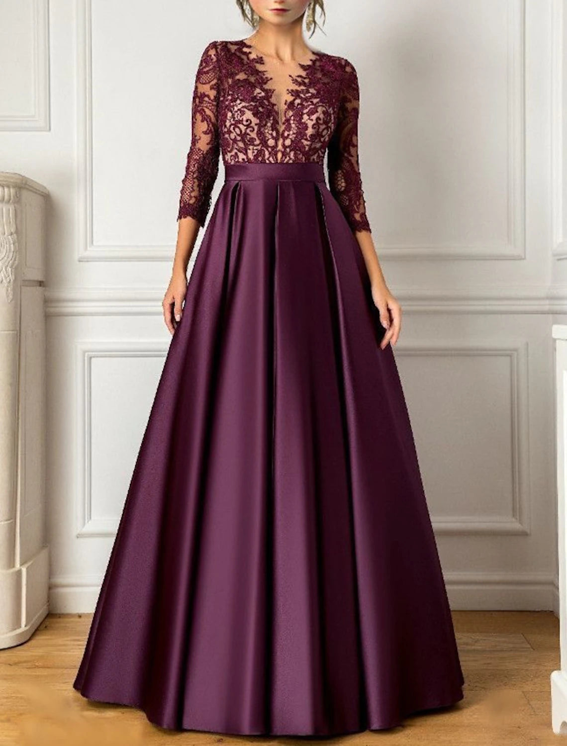 A-Line Evening Gown Luxurious Dress Formal Wedding Guest Floor Length 3/4 Length Sleeve V Neck Satin with Pleats Sequin