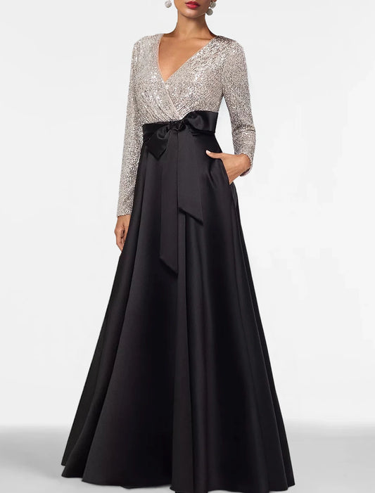 Formal Floor Length Long Sleeve V Neck Fall Wedding Guest Satin with Sequin Pocket Evening Gown Elegant Dress