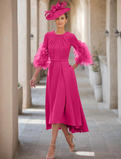 A-Line  Elegant Jewel Neck Asymmetrical Stretch Fabric Half Sleeve with Mother of the Bride Dress