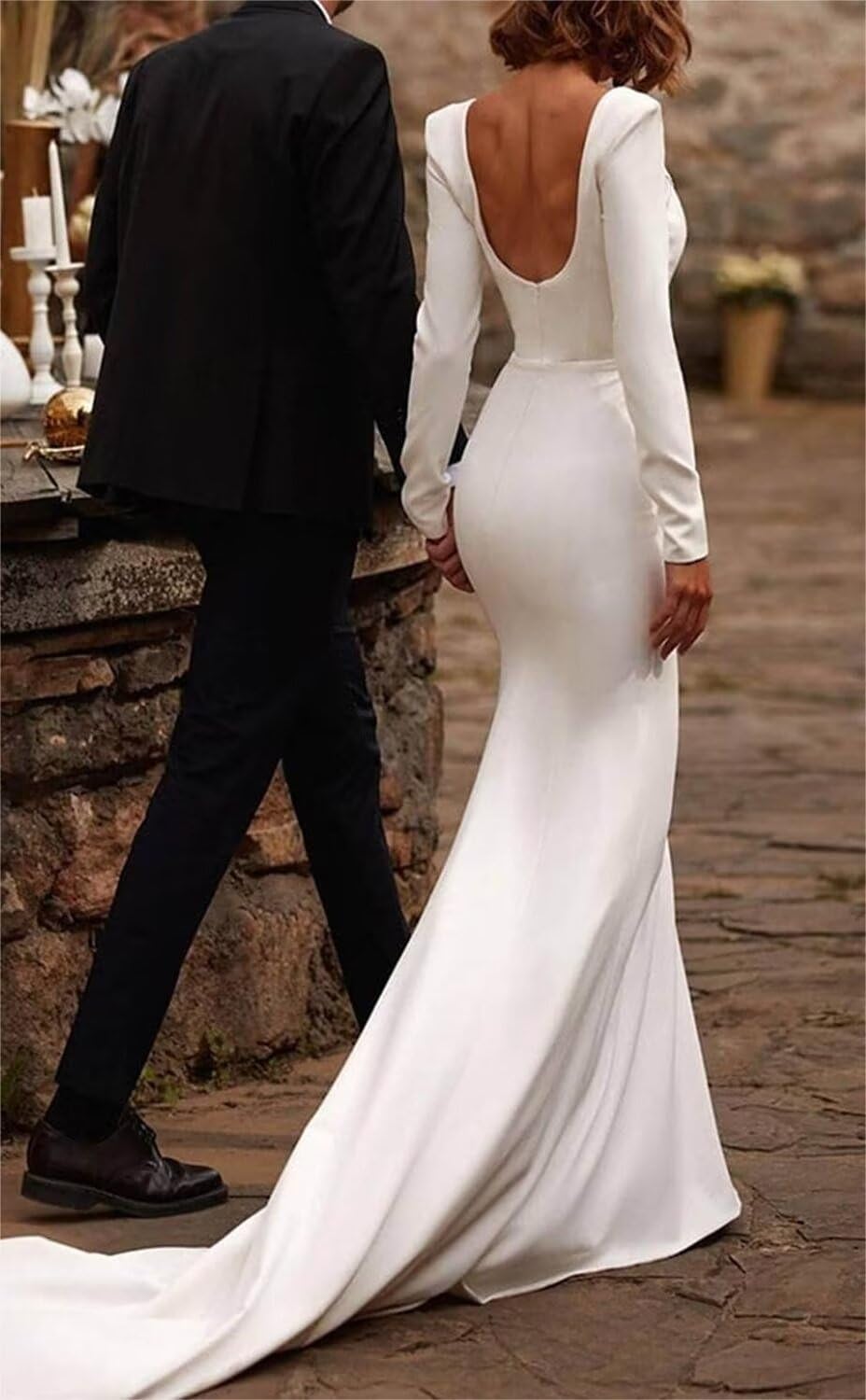 Wedding Dress Long Sleeves Mermaid Satin Square Neck Trailing Formal Women's Dresses