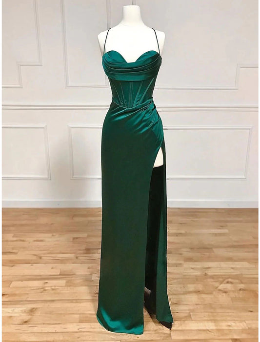 Sheath / Column Evening Gown Empire Dress Formal Wedding Party Floor Length Sleeveless Spaghetti Strap Satin Backless with Pleats Slit