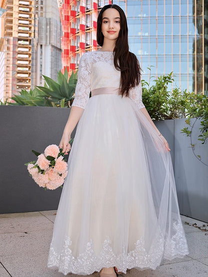 A-Line/Princess Lace Applique Scoop 3/4 Sleeves Floor-Length Junior Bridesmaid Dresses