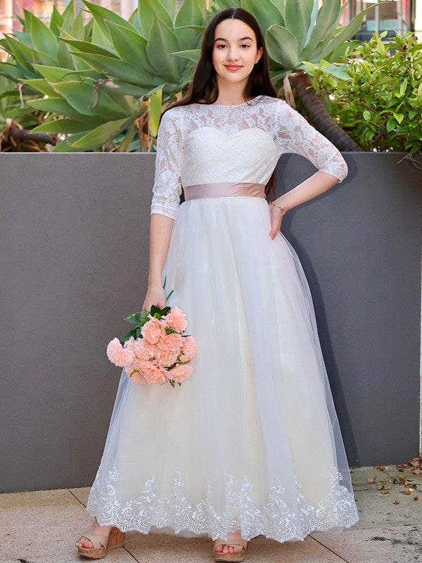 A-Line/Princess Lace Applique Scoop 3/4 Sleeves Floor-Length Junior Bridesmaid Dresses