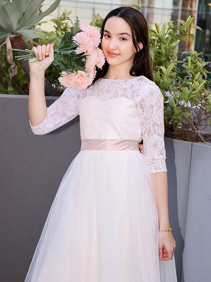 A-Line/Princess Lace Applique Scoop 3/4 Sleeves Floor-Length Junior Bridesmaid Dresses