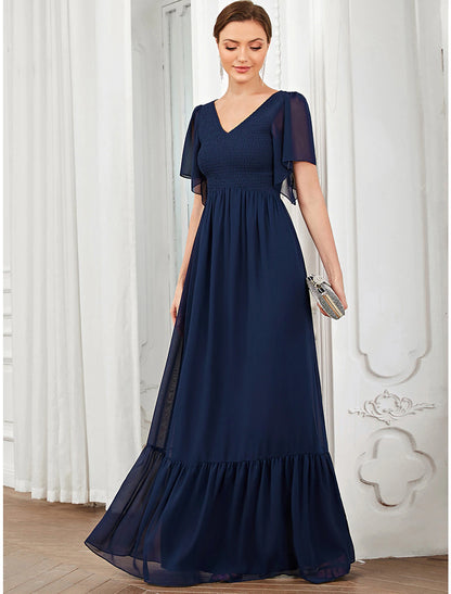 A-Line Prom Dresses Elegant Dress Party Wear Wedding Guest Floor Length Short Sleeve V Neck Chiffon with Pleats