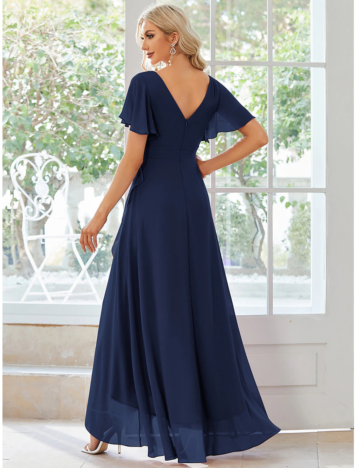 A-Line Wedding Guest Dresses Casual Dress Party Wear Asymmetrical Short Sleeve V Neck Chiffon with Ruffles Pure Color