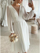 Little White Dresses Wedding Dresses A-Line Illusion Neck Long Sleeve Knee Length Chiffon Bridal Gowns With Pleats Solid Color