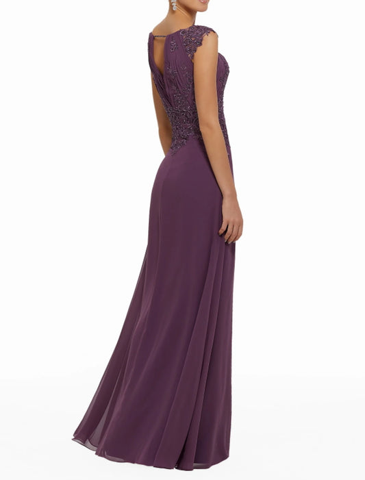 Sheath / Column Elegant Wedding Guest Formal Evening Dress Jewel Neck Sleeveless Floor Length Chiffon with Beading Appliques