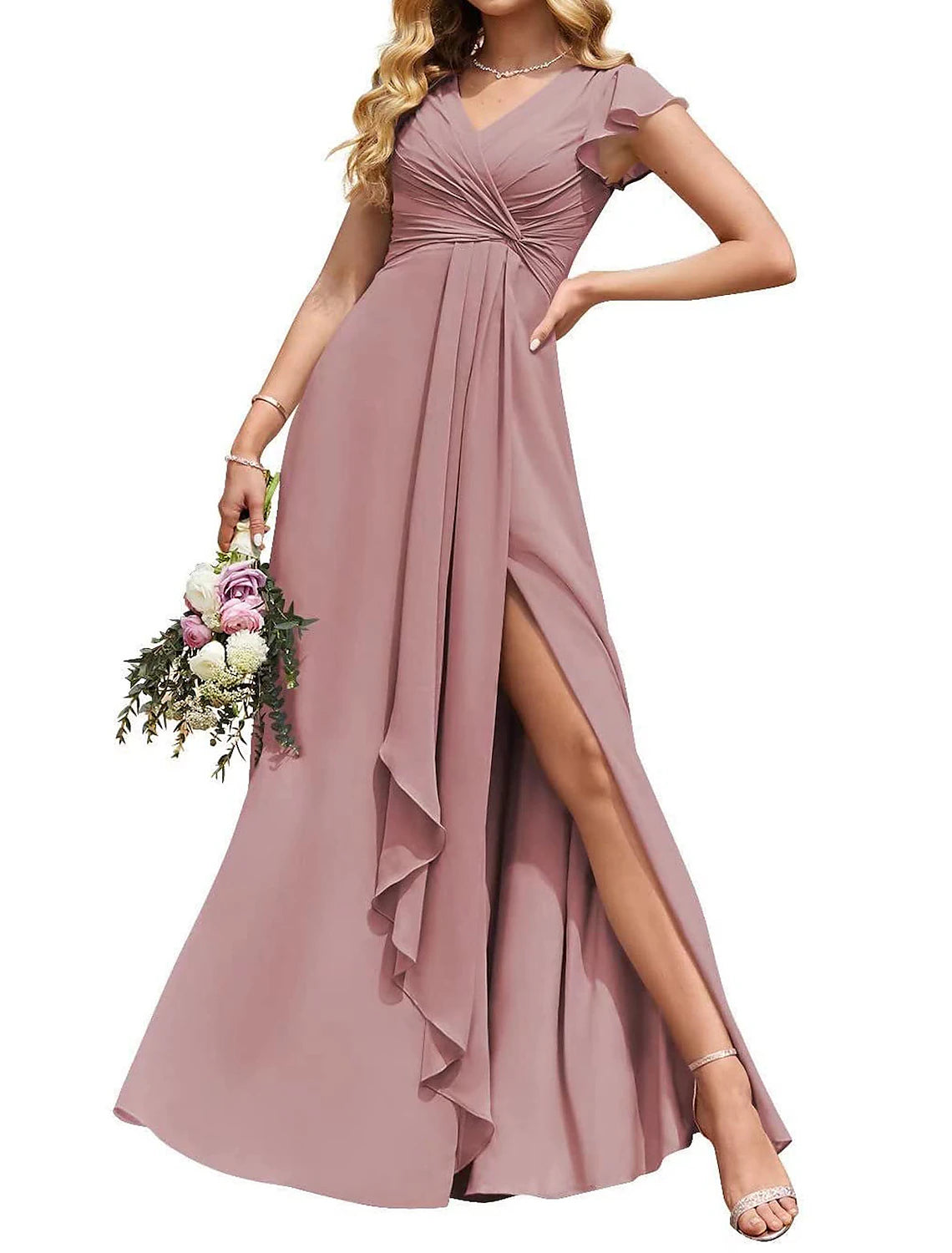 Women‘s V Neck Chiffon Bridesmaid Dresses Long with Slit Ruffled Sleeve Empire Waist Formal Dress with Pockets