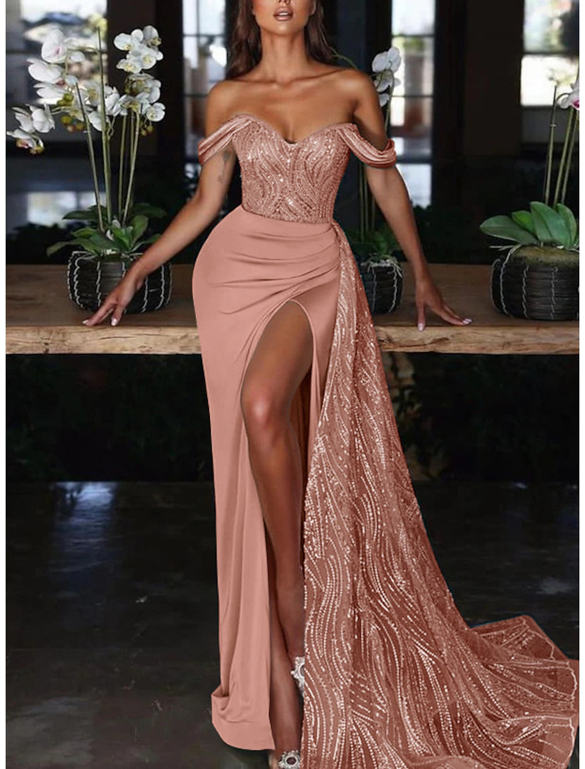 Mermaid / Trumpet Evening Gown Sexy Dress Formal Wedding Guest Court Train Sleeveless Off Shoulder Charmeuse with Ruched Sequin Slit