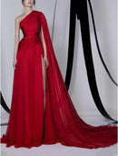 A-Line Empire Sexy Wedding Guest Formal Evening Dress One Shoulder Sleeveless Court Train Chiffon with Beading Slit