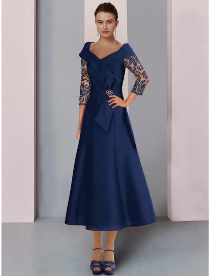 A-Line Mother of the Bride Dress Wedding Guest Elegant Petite V Neck Tea Length Satin Lace 3/4 Length Sleeve with Bow(s) Crystal Brooch Ruching