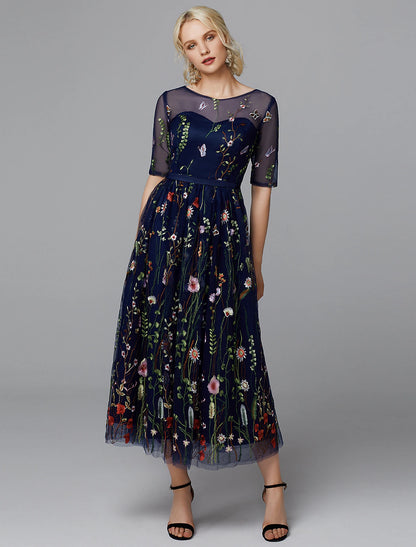 A-Line Floral Dress Holiday Wedding Guest Tea Length Half Sleeve Illusion Neck Lace with Embroidery Appliques