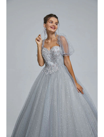 Ball Gown Prom Dresses Princess Dress Graduation Quinceanera Floor Length Short Sleeve Sweetheart Tulle with Sequin Appliques