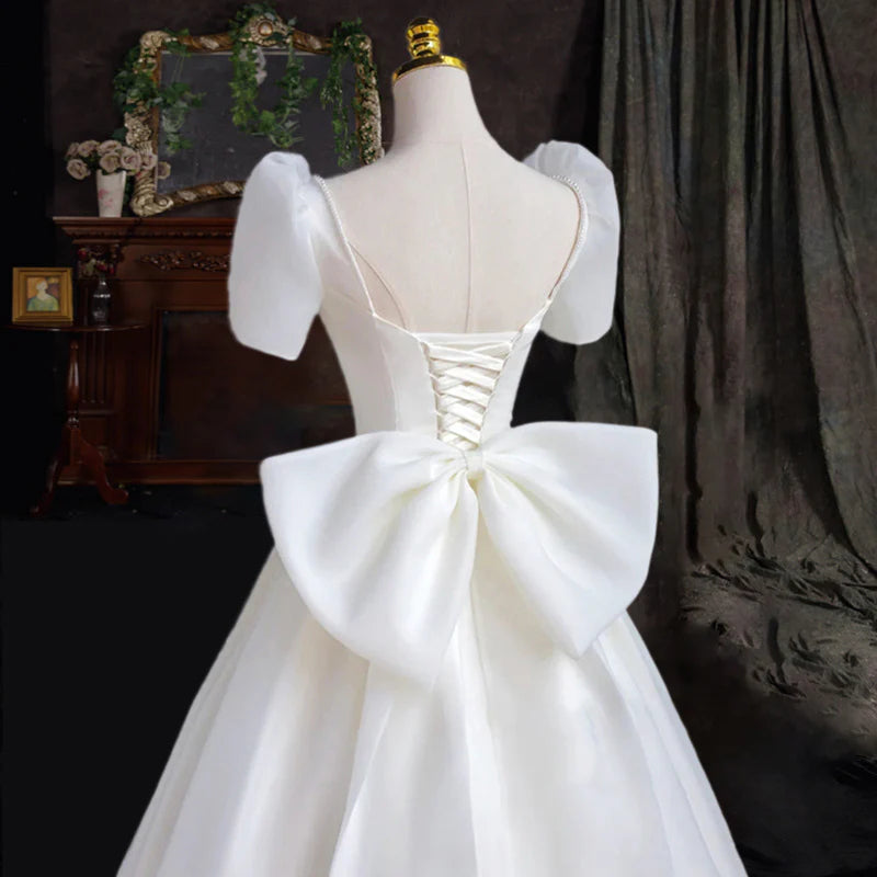 Wedding Dress Heart-shaped collar Satin Short Sleeves Back Bow knot Decorate Long Formal Wear Dresses