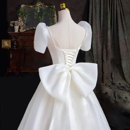 Wedding Dress Heart-shaped collar Satin Short Sleeves Back Bow knot Decorate Long Formal Wear Dresses