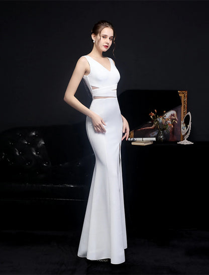 Mermaid / Trumpet Prom Dresses Elegant Dress Formal Wedding Guest Floor Length Sleeveless V Neck Polyester with Slit