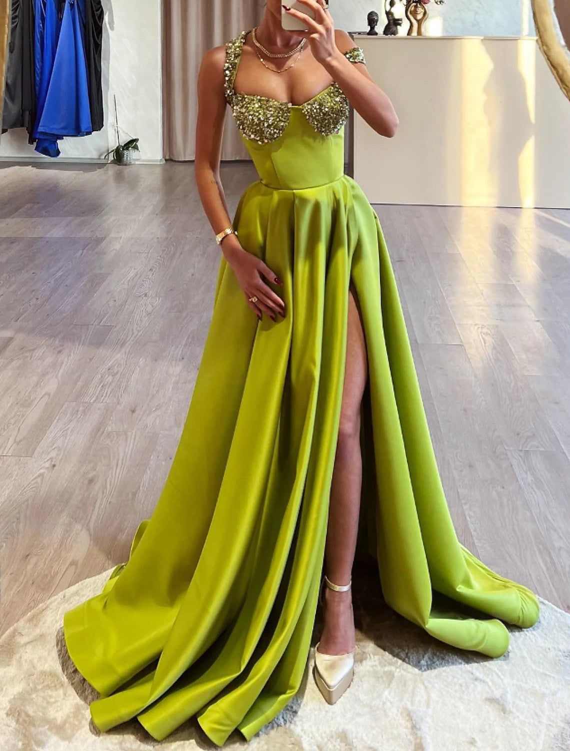 A-Line Evening Gown Sparkle & Shine Dress Wedding Prom Court Train Sleeveless Off Shoulder Satin with Sequin Slit