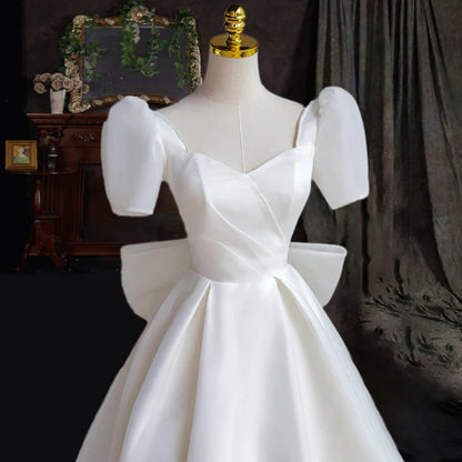 Wedding Dress Heart-shaped collar Satin Short Sleeves Back Bow knot Decorate Long Formal Wear Dresses