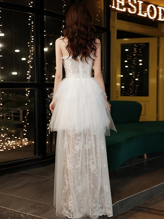 Wedding Dress Spaghetti Strap Tulle Lace Splicing Layered Formal Wear Dresses