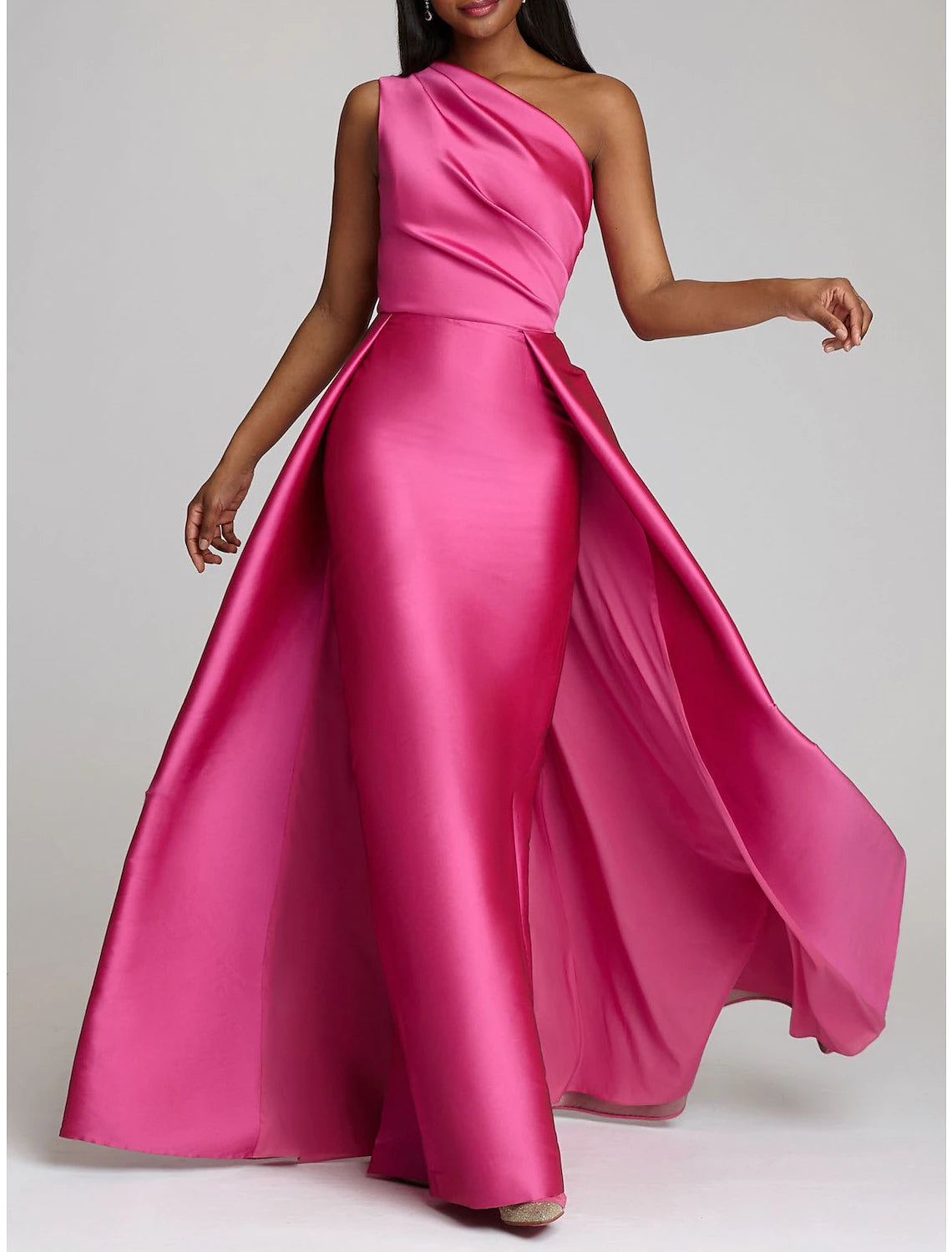 Sheath Christmas Red Green Dress Evening Gown Hot Pink Dress Wedding Guest Floor Length Sleeveless One Shoulder Satin with Overskirt Pure Color