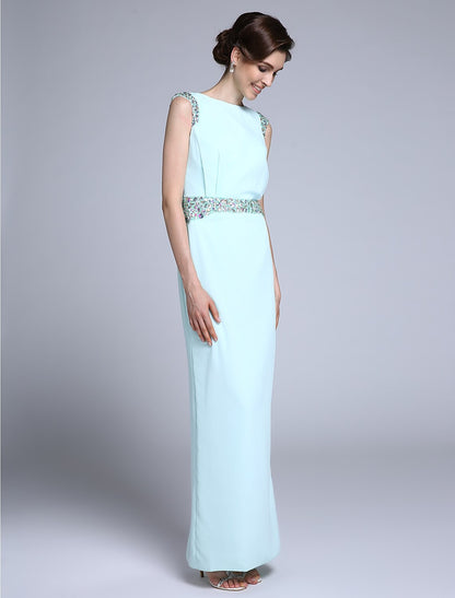 Sheath / Column Mother of the Bride Dress Elegant Bateau Neck Ankle Length Chiffon Sleeveless No with Crystals