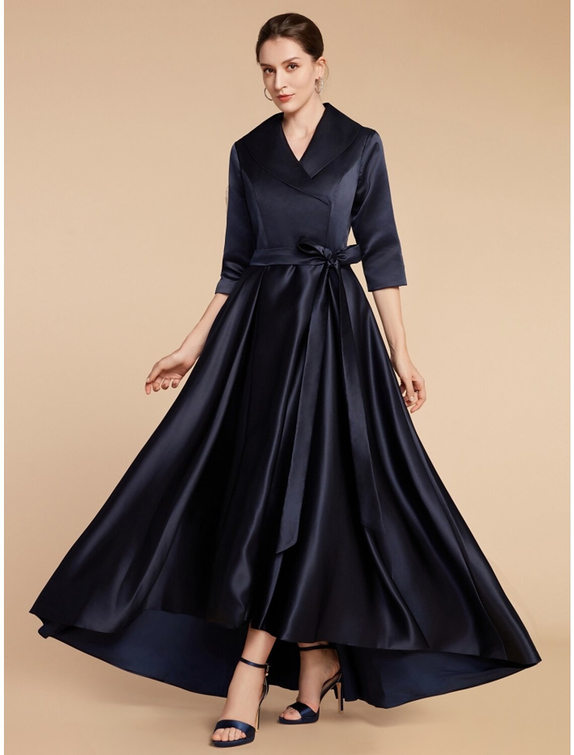 A-Line Mother of the Bride Dress Wedding Guest Elegant V Neck Ankle Length Satin Half Sleeve with Sash / Ribbon Ruching Solid Color