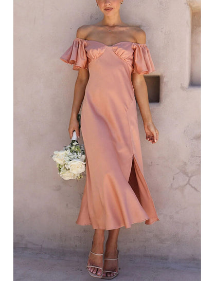 A-Line Wedding Guest Dresses Party Dress Wedding Birthday Ankle Length Short Sleeve Off Shoulder Satin with Ruffles Slit