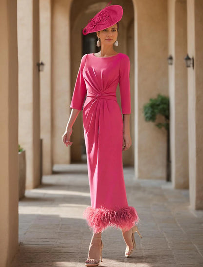 Column Elegant Jewel Neck Ankle Length Stretch Fabric Half Sleeve with Mother of the Bride Dress