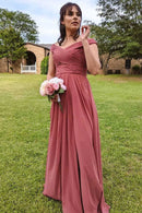 Bridesmaid Dress Chiffon Off-the-Shoulder Long with Slit