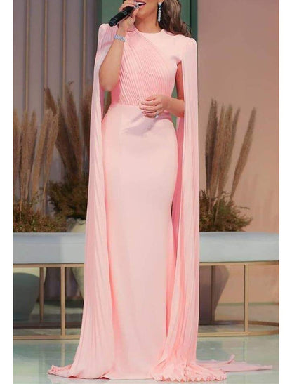 Mermaid / Trumpet Evening Gown Maxi Dress Formal Wedding Party Court Train Sleeveless Jewel Neck Capes Stretch Chiffon with Ruched