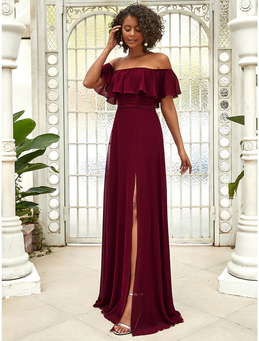 A-Line Bridesmaid Dress Off Shoulder Sleeveless Elegant Floor Length Chiffon with Ruffles / Draping / Solid Color