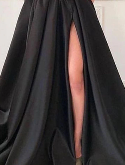 A-Line Evening Gown Black Dress Vintage Formal Wedding Guest Court Train Long Sleeve One Shoulder Satin with Feather Slit