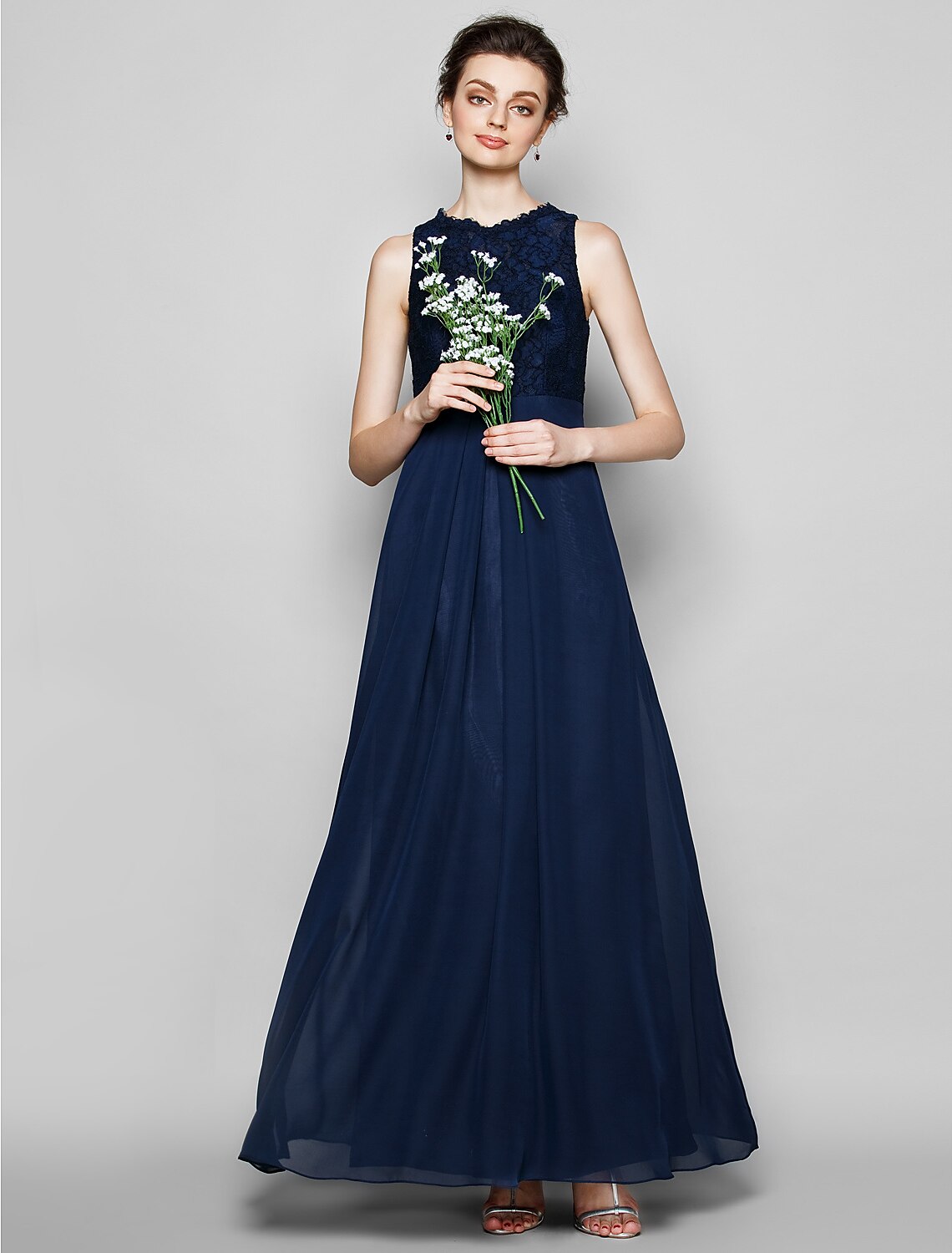 Sheath / Column Bridesmaid Dress Jewel Neck Sleeveless Elegant Floor Length Chiffon / Lace with Lace