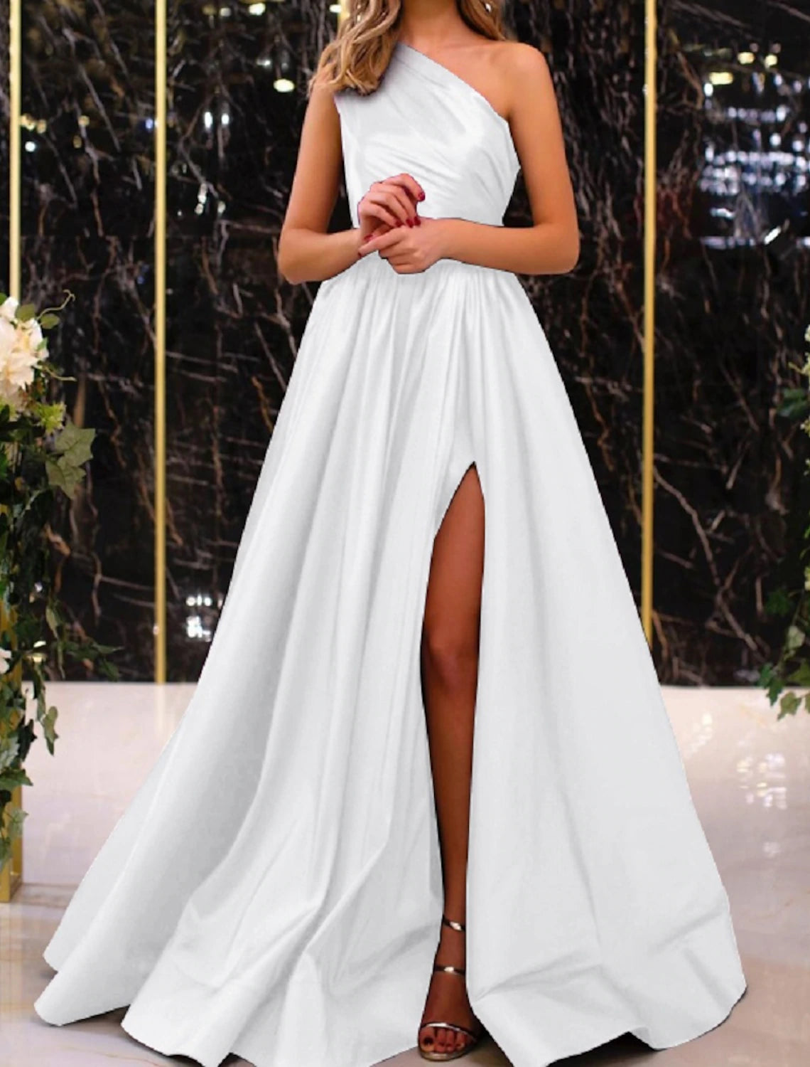 A-Line Minimalist Elegant Engagement Formal Evening Birthday Dress One Shoulder Sleeveless Floor Length Satin with Pleats Slit