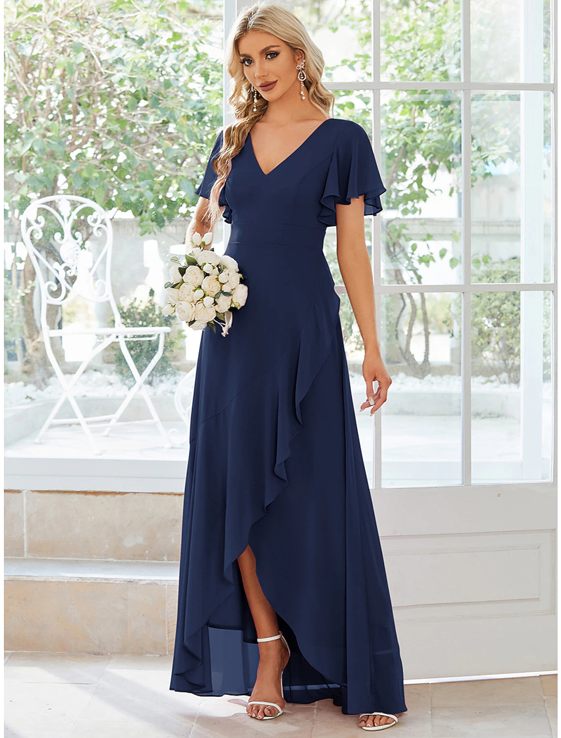 A-Line Wedding Guest Dresses Casual Dress Party Wear Asymmetrical Short Sleeve V Neck Chiffon with Ruffles Pure Color