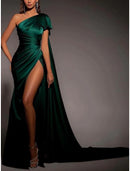 A-Line Evening Gown Elegant Dress Formal Court Train Christmas Red Green Dress Sleeveless One Shoulder Satin with Bow(s) Ruched Slit