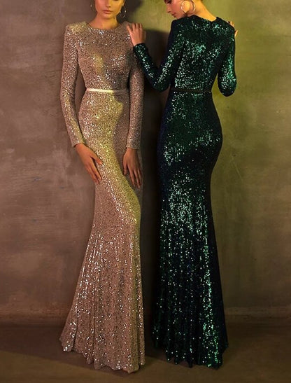 Mermaid / Trumpet Evening Gown Sparkle & Shine Dress Party Wear Wedding Party Floor Length Long Sleeve Jewel Neck Lace with Sequin