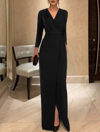 Sheath Black Dress Evening Gown Vintage Dress Formal Floor Length Long Sleeve V Neck Stretch Fabric with Ruched