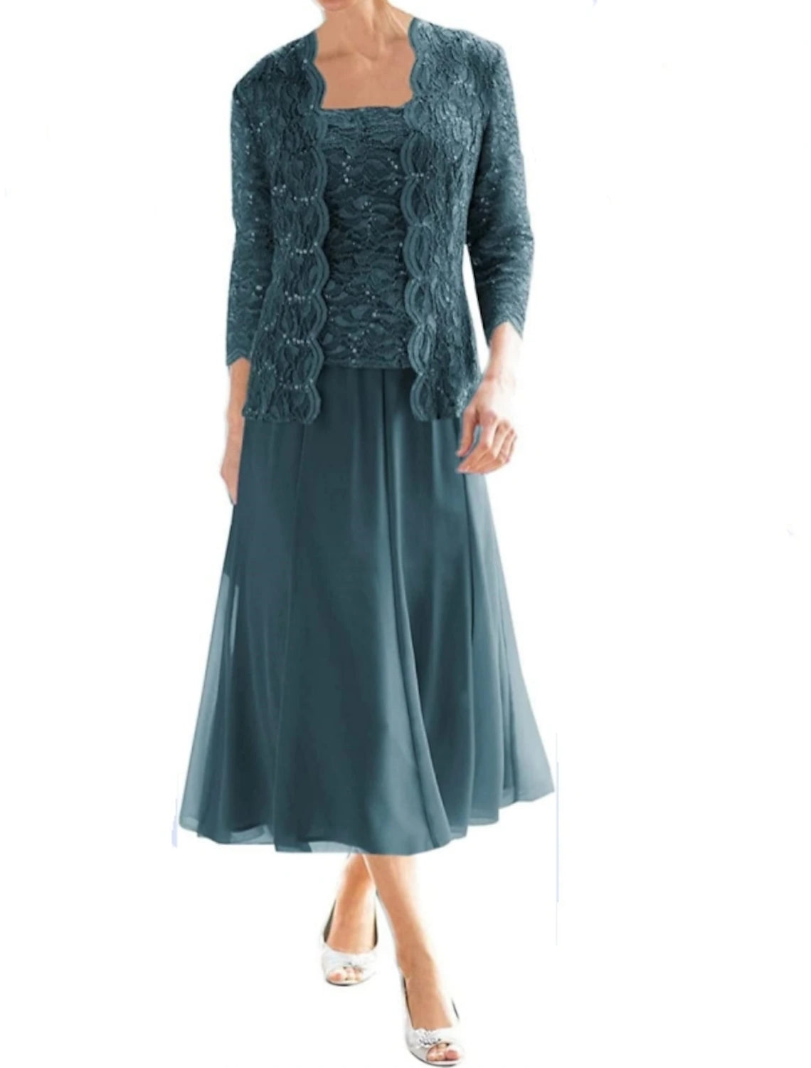 Two Piece Elegant Vintage Sparkle & Shine Square Neck Tea Length Chiffon Lace 3/4 Length Sleeve with Pleats Sequin Mother of the Bride Dress