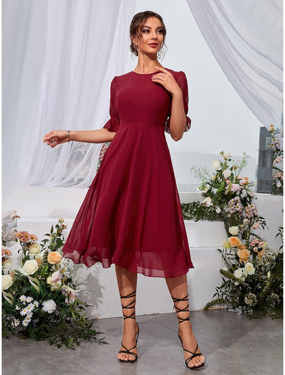 A-Line Wedding Guest Dresses Elegant Dress Holiday Graduation Tea Length Half Sleeve Jewel Neck Chiffon with Fringe