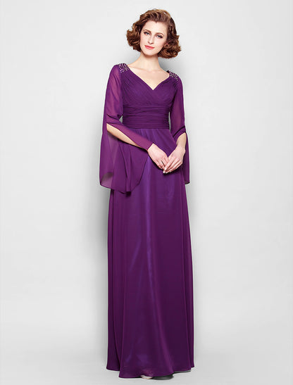 A-Line Mother of the Bride Dress Vintage Inspired V Neck Floor Length Chiffon Long Sleeve No with Criss Cross Ruched Beading