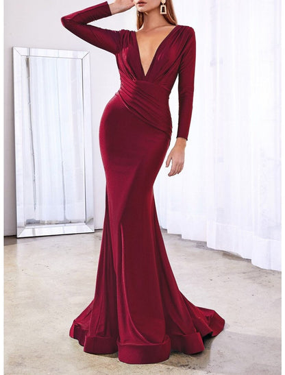 Mermaid / Trumpet Evening Gown Reformation Amante Dress Wedding Guest Formal Evening Court Train Long Sleeve V Neck Satin with Sleek Pure Color