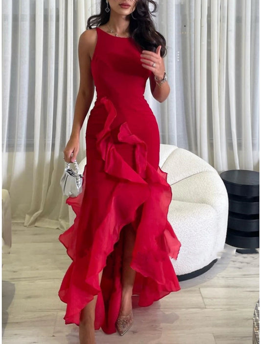 A-Line Evening Gown Elegant Dress Formal Ankle Length Christmas Red Green Dress Sleeveless Scoop Neck Stretch Chiffon with Ruffles Slit