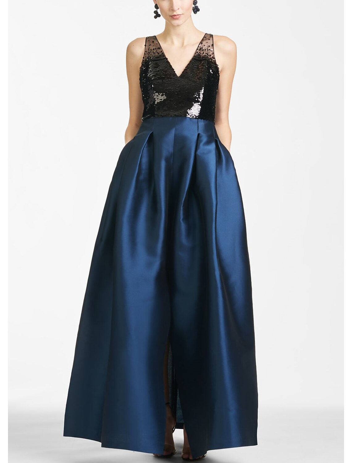 A-Line Evening Gown Color Block Dress Formal Prom Floor Length Sleeveless V Neck Satin with Sequin Slit