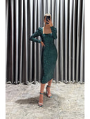 Sheath / Column Evening Gown Elegant Dress Formal Fall Tea Length Long Sleeve Square Neck Sequined with Glitter Slit